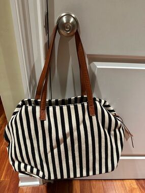 Sole Society Black & White Striped Canvas Tote w/ Brown Leather Handles;like new